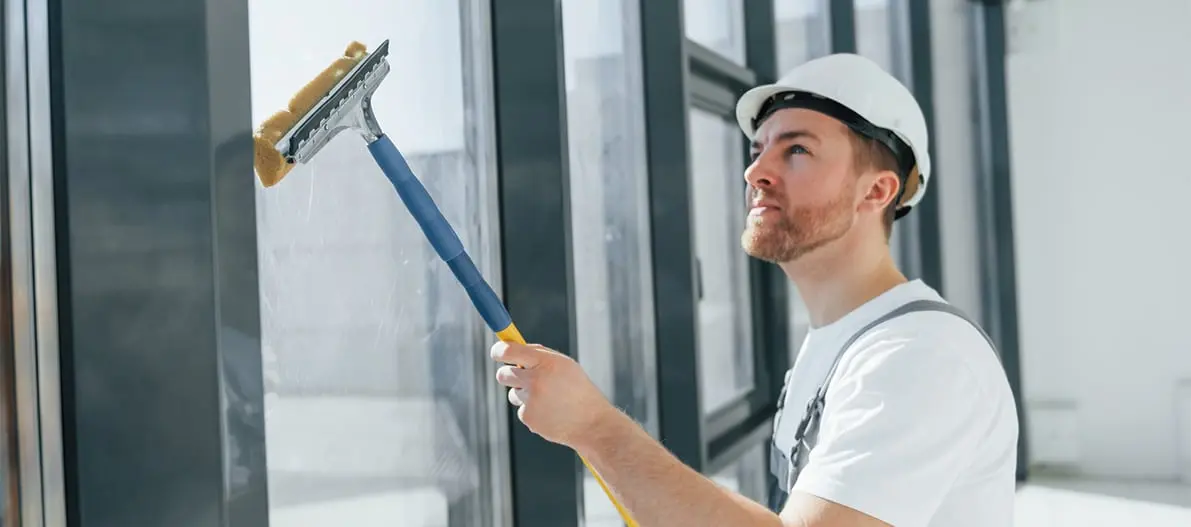 Handwerker bei der professionellen Glasreinigung